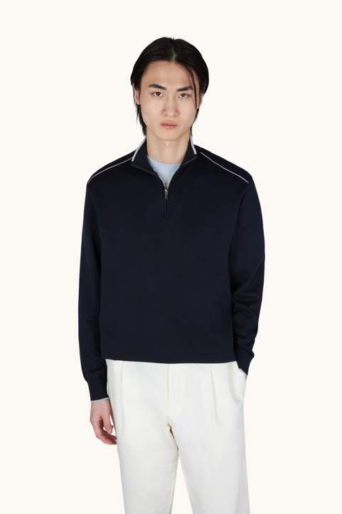 Half‑zip sweater in cotton and silk with Aqualeather suede details