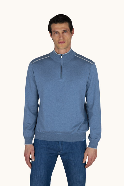 Half‑zip sweater in cotton and silk with Aqualeather suede details