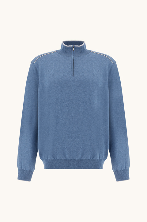 Maglia mezza zip in cotone e seta con dettagli in suede Aqualeather