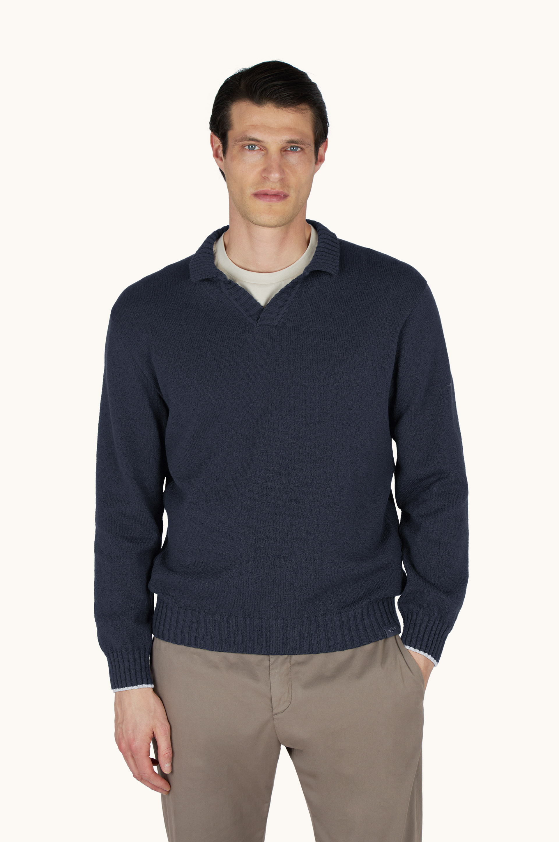 Pull &agrave; col ouvert en coton boucl&eacute;