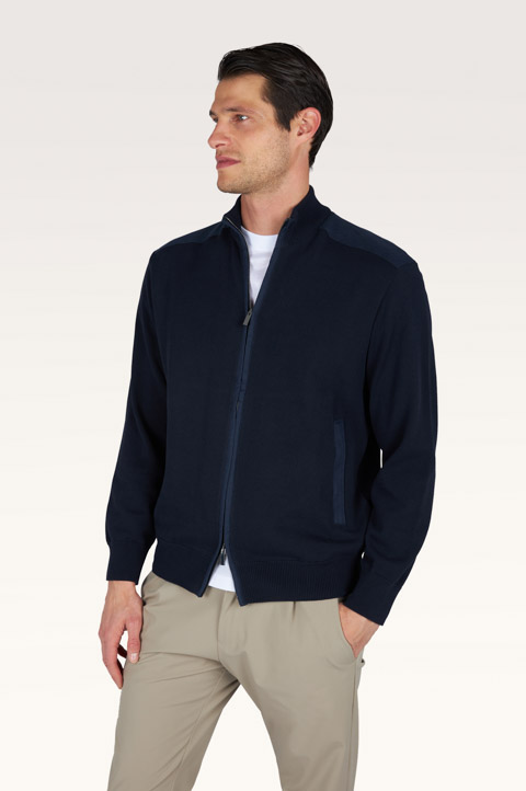 Zip‑up sweater in Fresco cotton with linen details