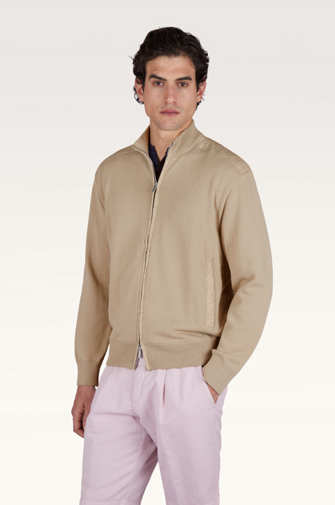 Zip‑up sweater in Fresco cotton with linen details