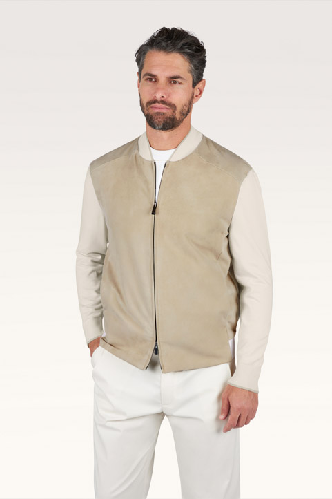 Hybrid bomber in cotton‑silk knit with Aqualeather suede