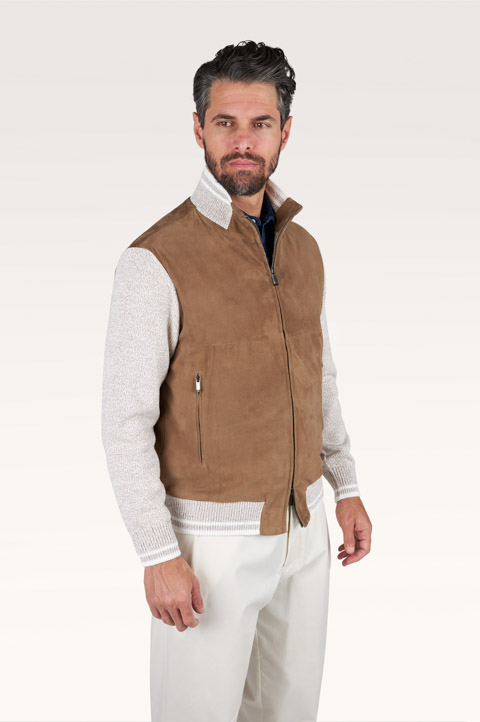 Hybrid bomber in Piuma cotton with Aqualeather suede