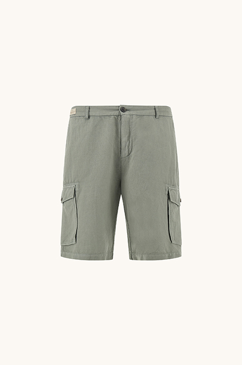 Garment‑dyed linen and cotton cargo bermuda shorts