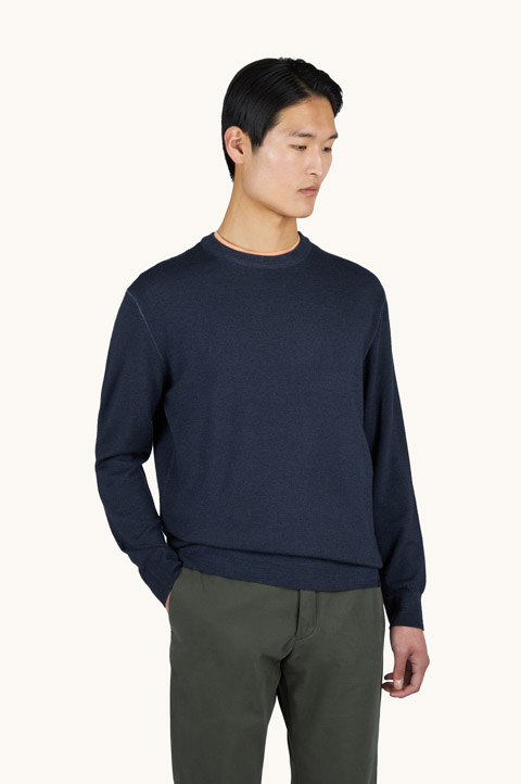 Wool crew‑neck sweater, garment dyed