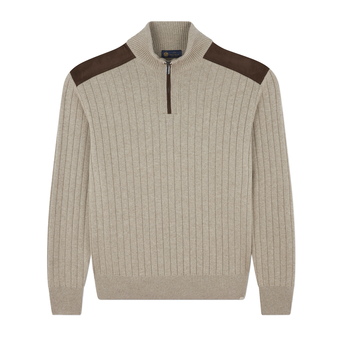 Paul & Shark Wool Cashmere Half Zip Sweater With Suede Details In Sand