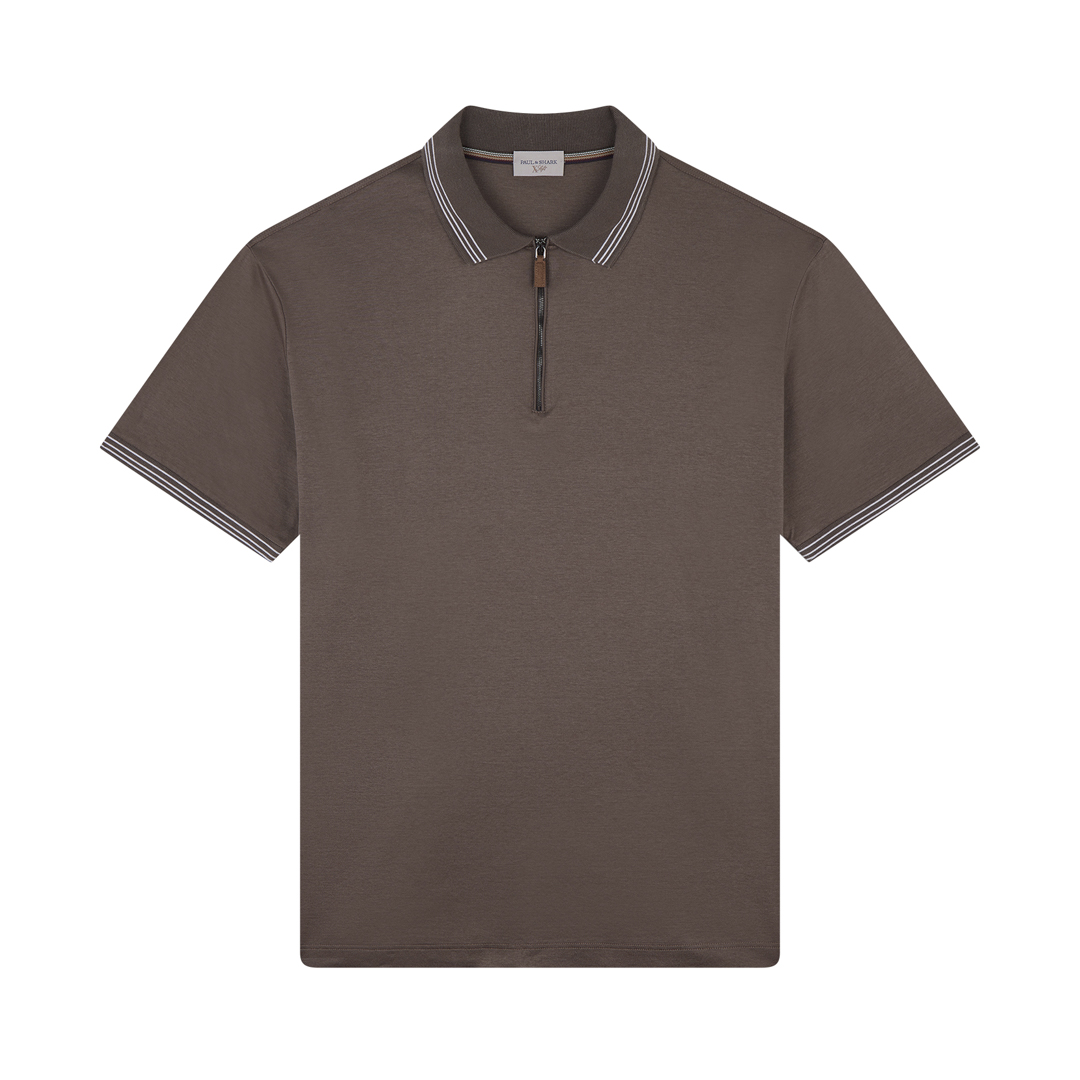 Paul & Shark X-soft Interlock Cotton Polo Shirt With Striped Profiles In Brown