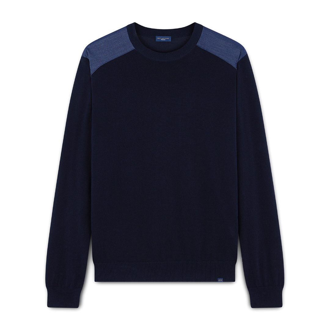 Paul & Shark Maglia Girocollo In Fresco Cotone Con Dettagli In Denim In Blu