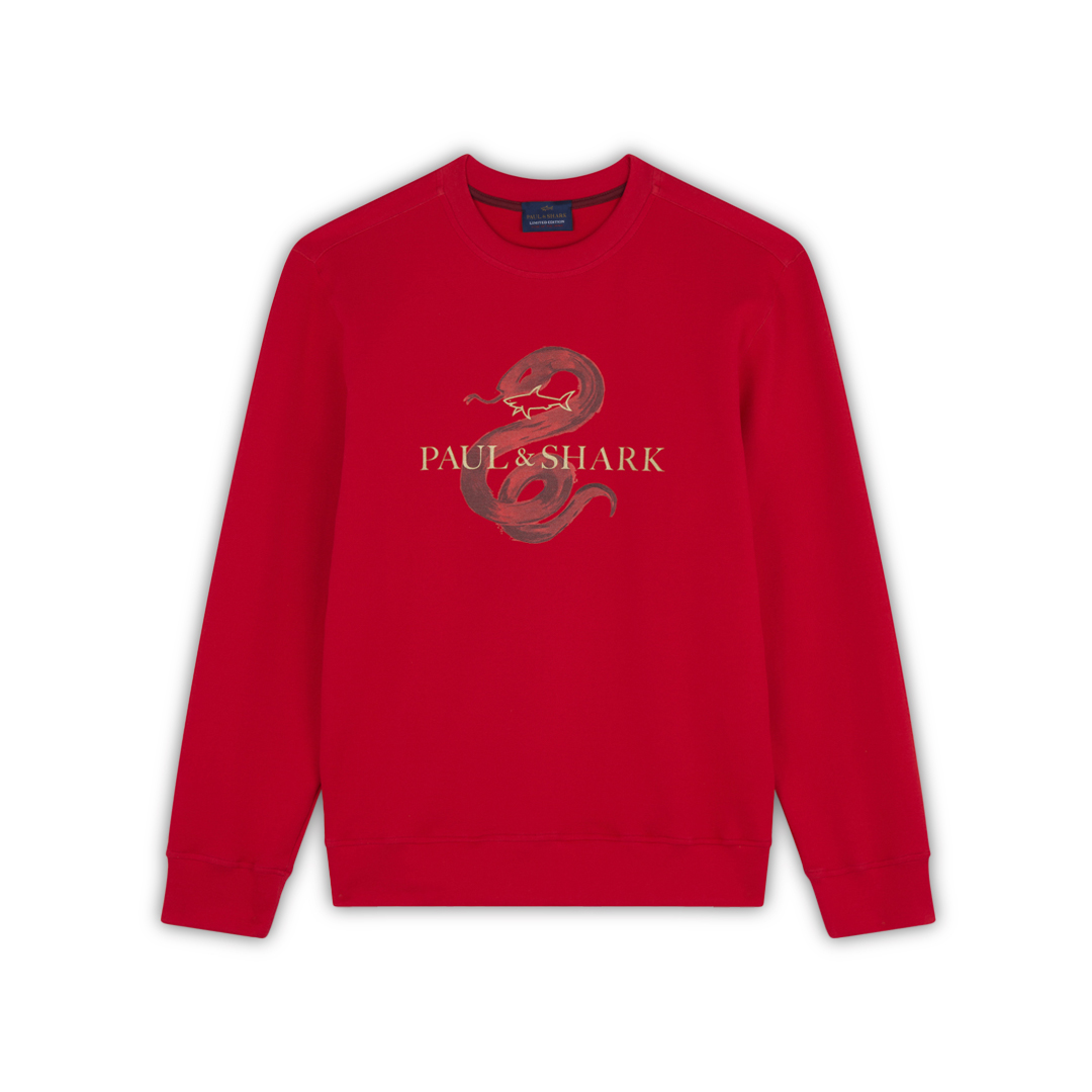 Paul & Shark Felpa In Cotone Active Fleece Con Stampa Year Of The Snake In Rosso