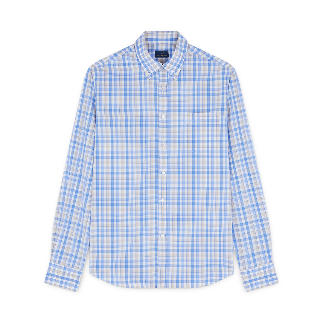 Paul & Shark Camicia In Popeline Di Cotone Soft Touch Con Motivo A Quadri In Tartan Bianco Azzurro Beige