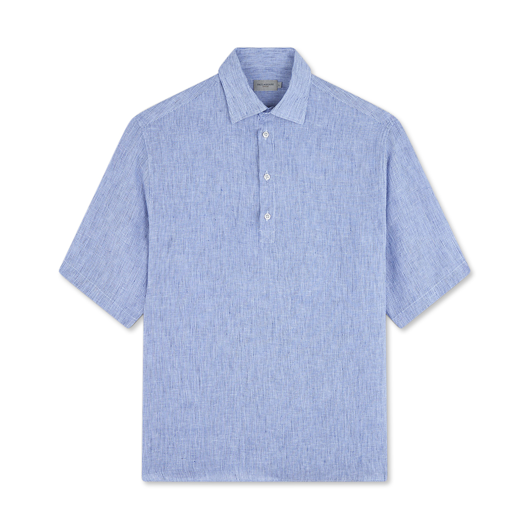 Paul & Shark Camicia In Lino Popover Manica Corta In Bianco Righe Blu