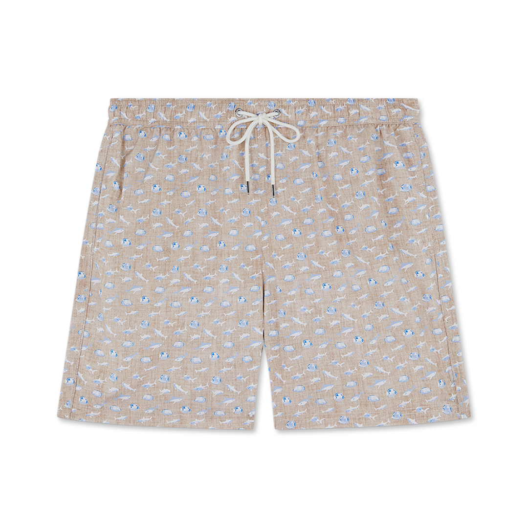 Paul & Shark Costume Da Bagno Con Stampa Shark In Lino Beige Con Squali