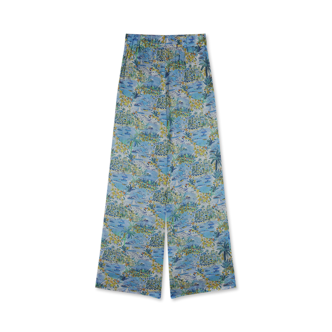 Paul & Shark Pantalone Wide Leg In Cupro Con Stampa In Stampa Palme Capri