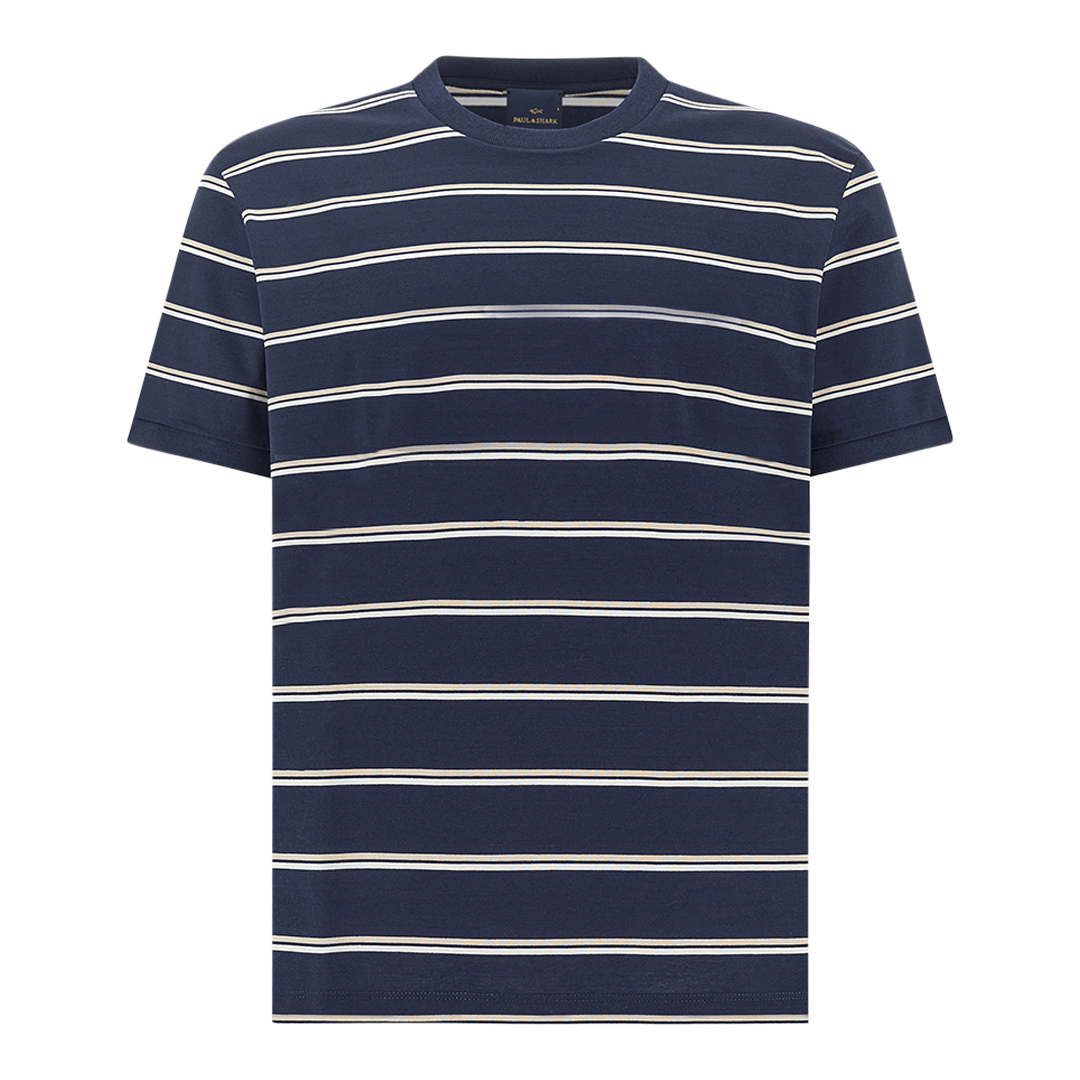 T-Shirt in jersey di cotone Double Mercerised con motivo a righe, Uomo, BLU-PANNA-BEIGE, Taglia: XXL