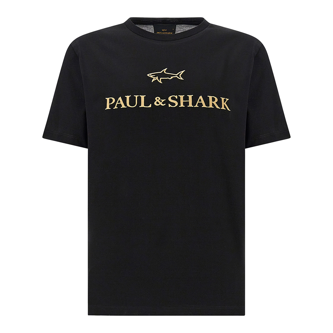 T-Shirt in jersey di cotone Double Mercerised con ricamo logo, Uomo, NERO-ORO, Taglia: XL