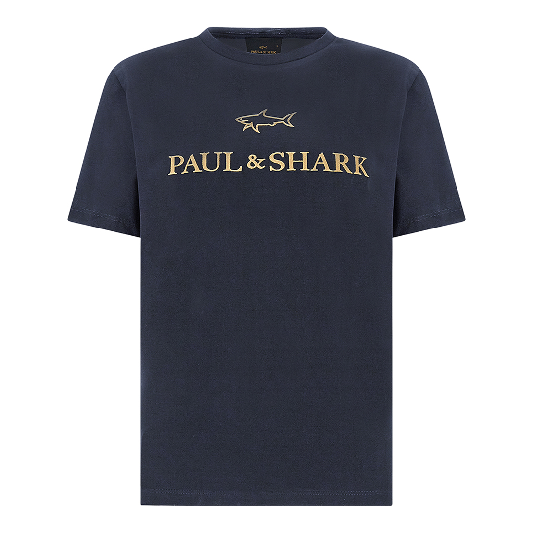 T-Shirt in jersey di cotone Double Mercerised con ricamo logo, Uomo, BLU-ORO, Taglia: L