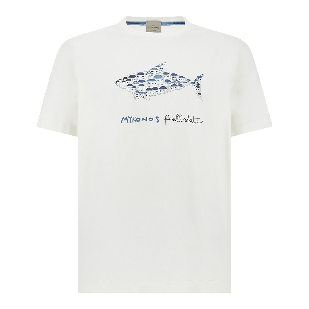 Paul & Shark Men's Blanc De Blanc Cotton Jersey T-Shirt With Mikonos Real Estate Print, Man, Size: 4XL