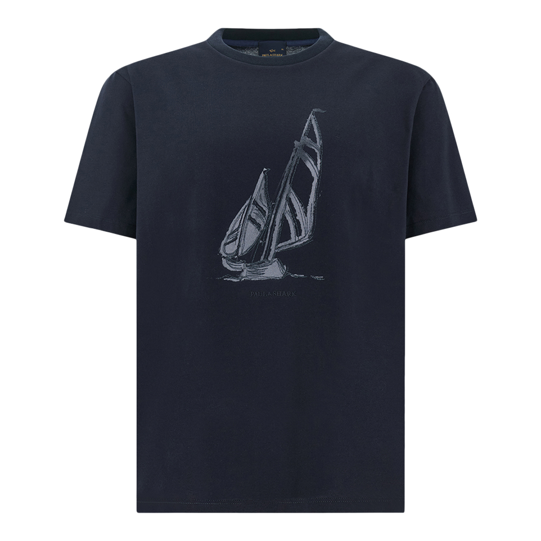 T-Shirt in jersey di cotone strutturato con stampa grafica, Uomo, BLU DAMA, Taglia: XL
