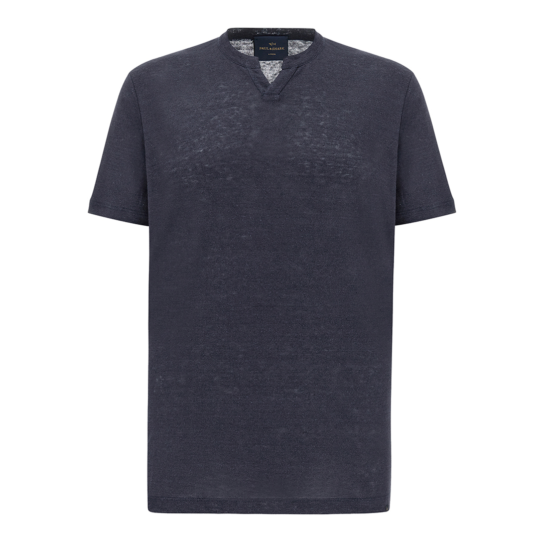Paul & Shark Men's Dama Blue Pure Linen Jersey Open Collar T-Shirt, Man, Size: Xxl