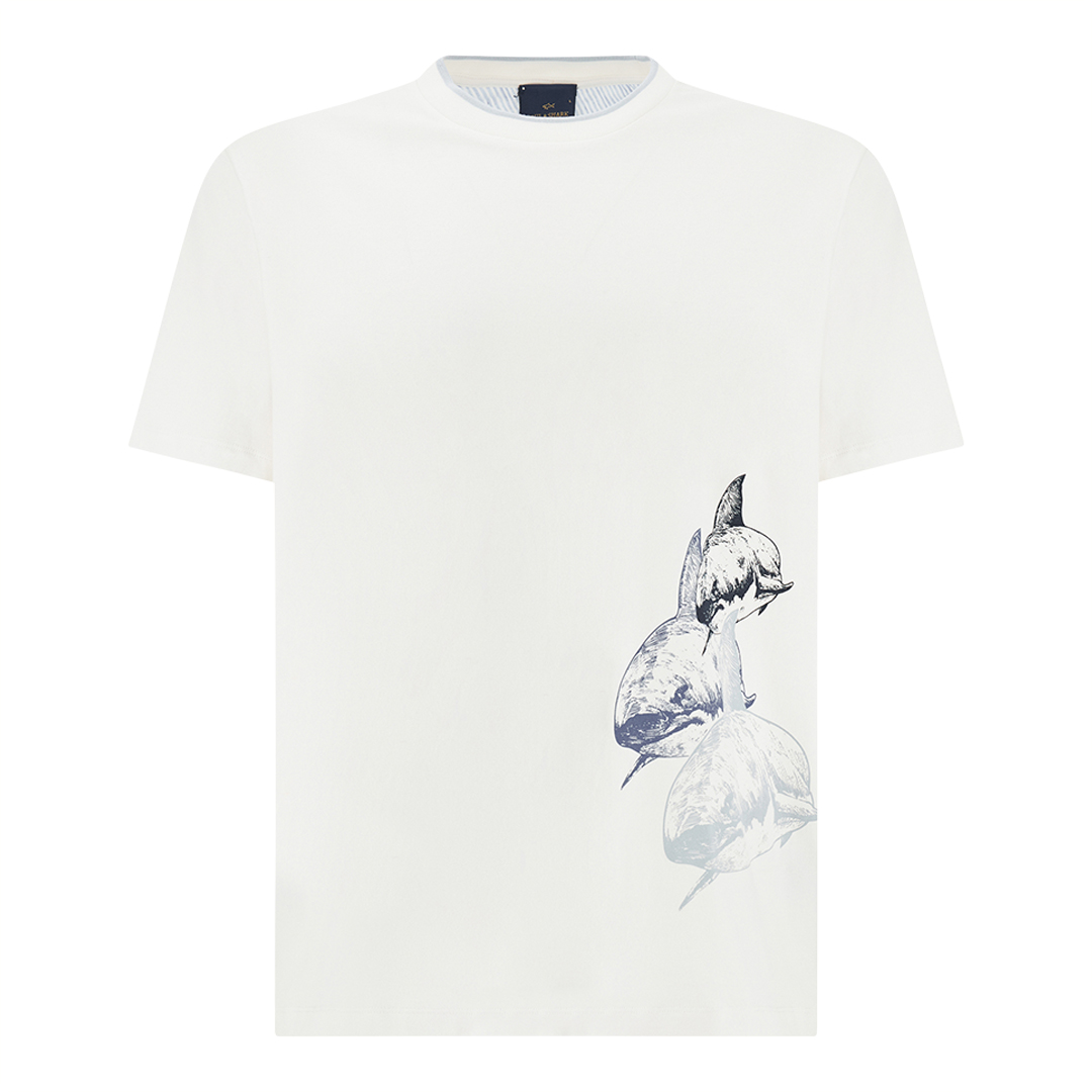 Paul & Shark Men's Blanc De Blanc Cotton Jersey T-Shirt With Shark Print, Man, Size: Xxl