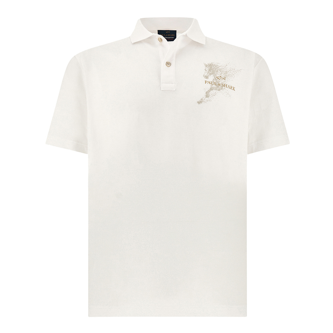 Polo in cotone piqué con stampa Year of the Horse, Uomo, BIANCO, Taglia: S