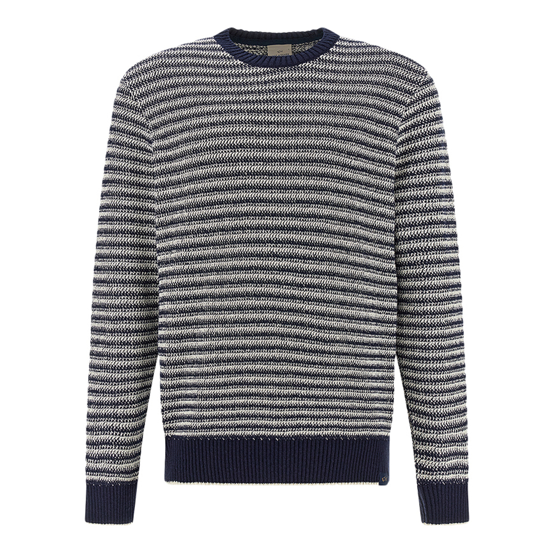 Paul & Shark Men's Whispe White - Dress Blues Crew‑Neck Sweater In Bouclé Cotton With Striped Pattern, Man, Size: 3XL