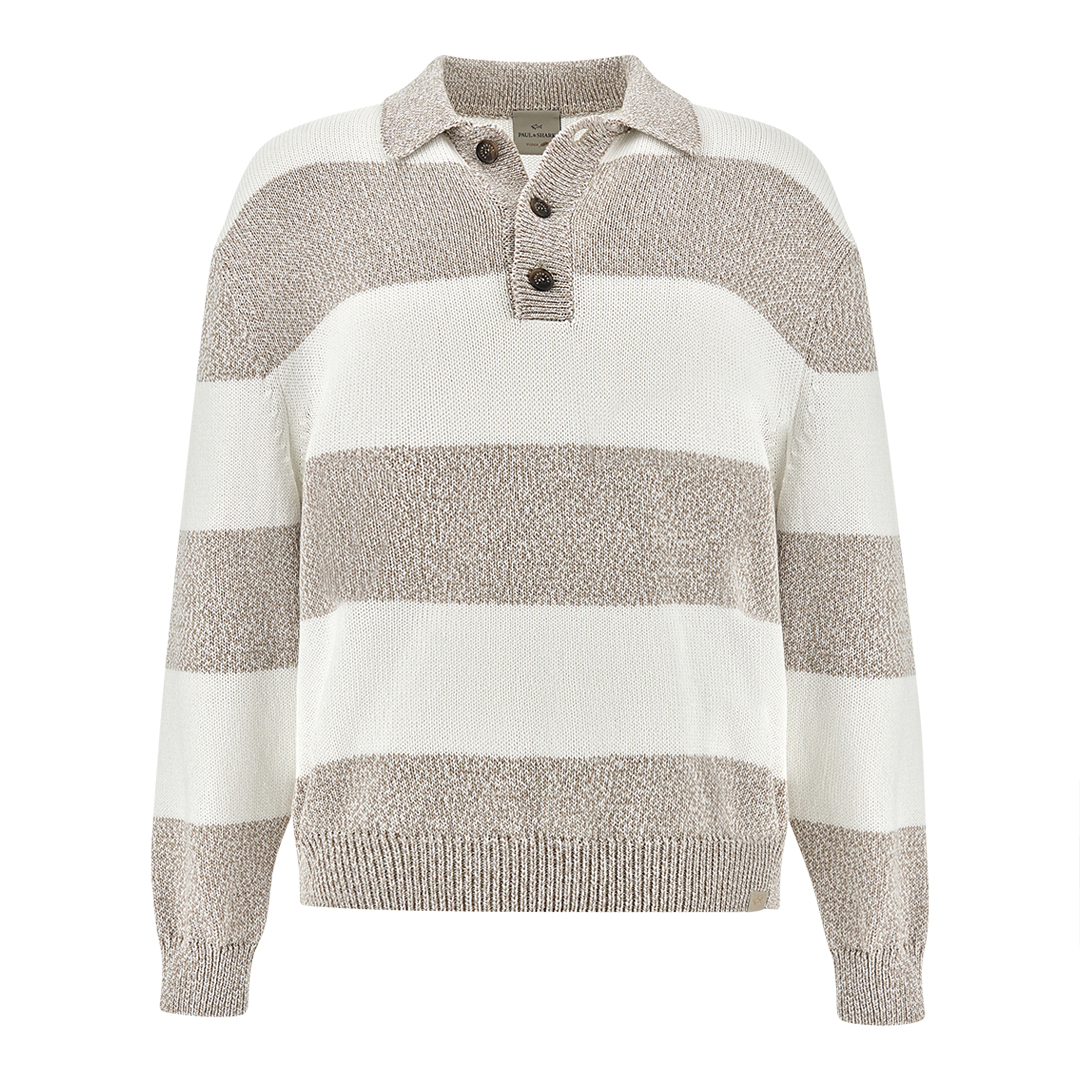 Paul & Shark Men's Blanc De Blanc/Moonlight-Moonlight Knit Polo In Piuma Cotton With Striped Pattern, Man, Size: Xxl