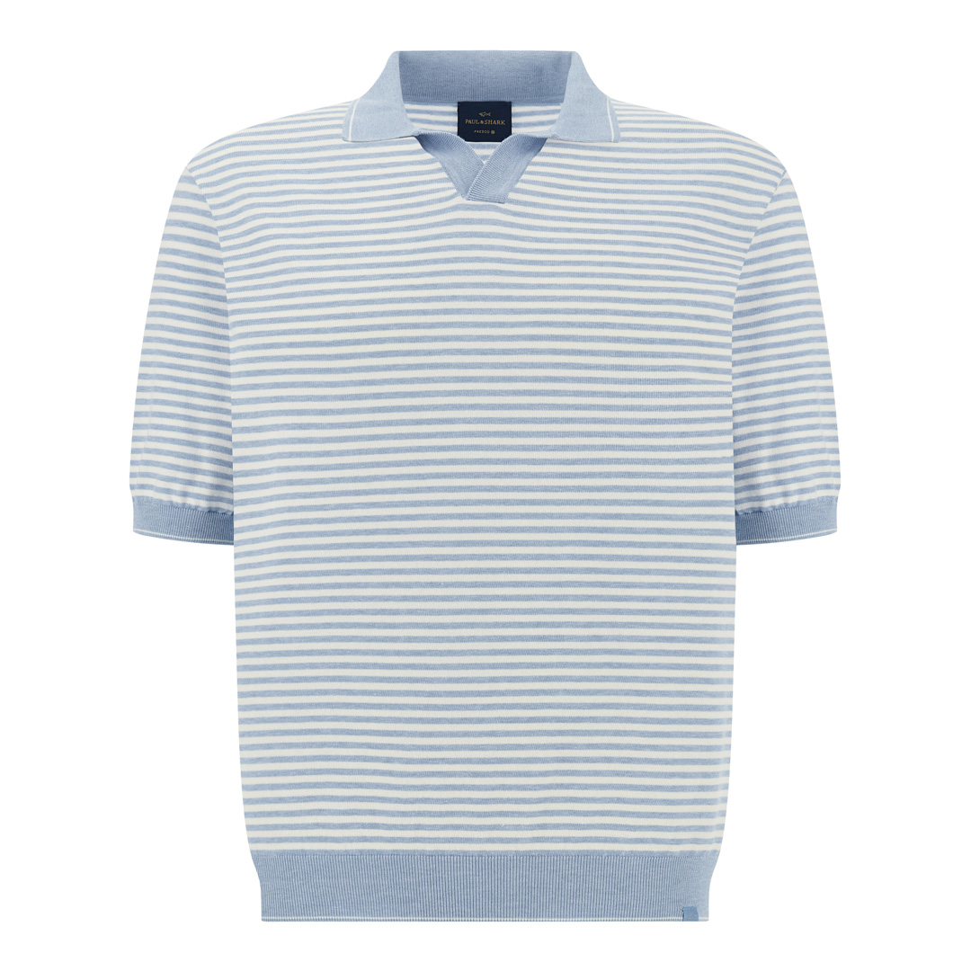 Paul & Shark Men's Blanc De Blanc-Allure Open‑Collar Polo In Fresco Cotton With Striped Pattern, Man, Size: 3XL