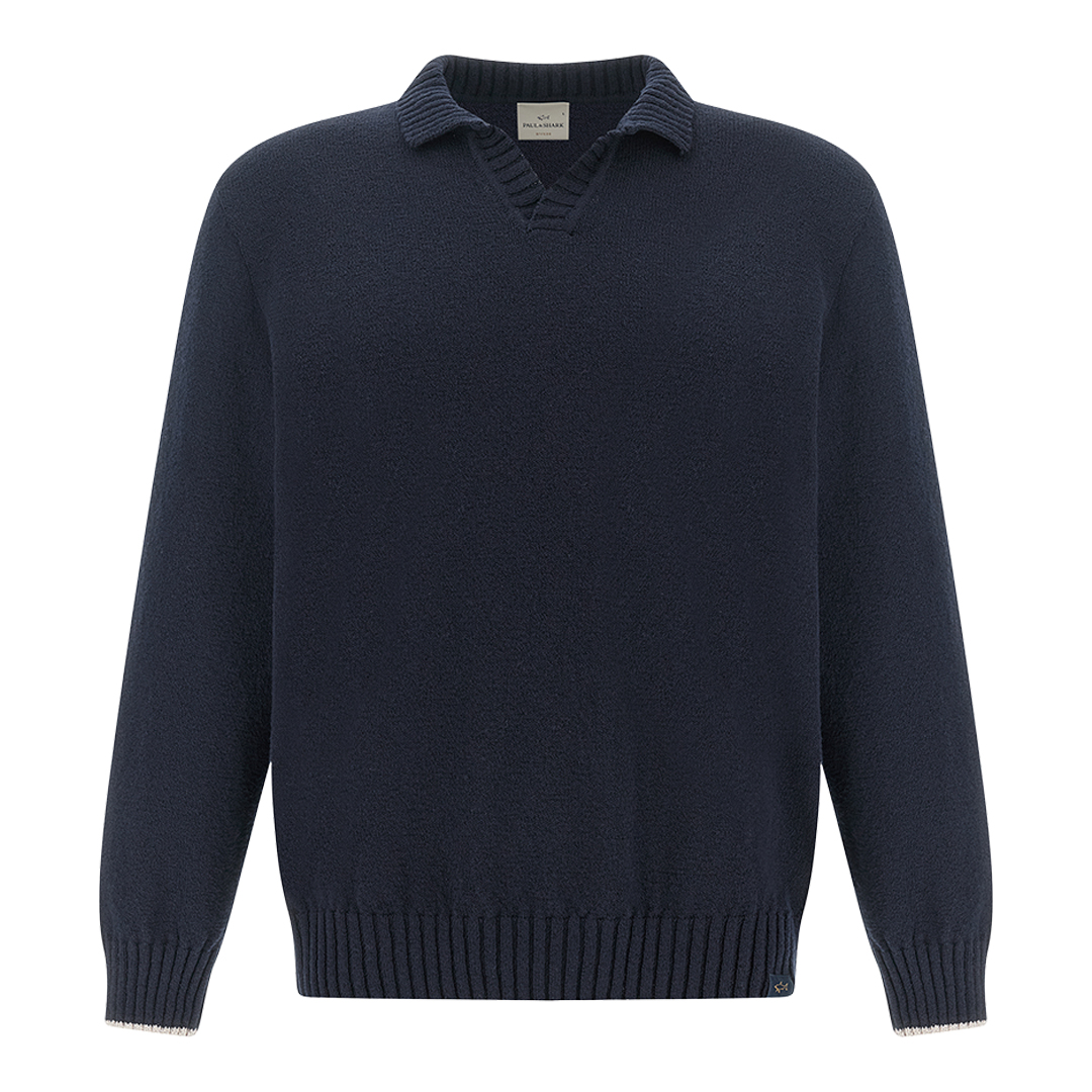 Paul & Shark Men's Dama Blue Open‑Collar Sweater In Bouclé Cotton, Man, Size: 3XL