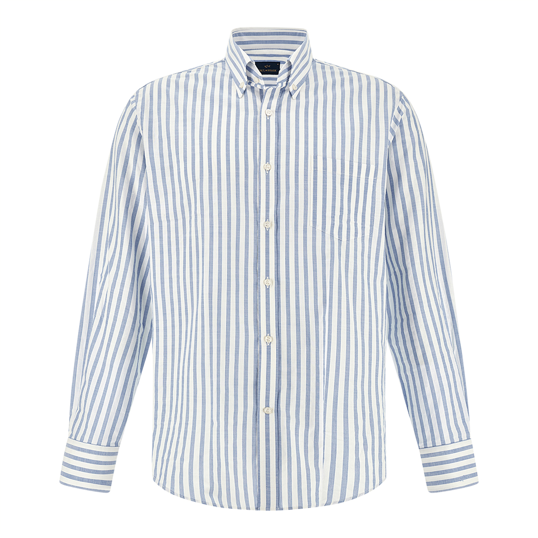 Paul & Shark Men's Rows White Light Blue Cotton Poplin Shirt With Striped Pattern, Man, Size: 043