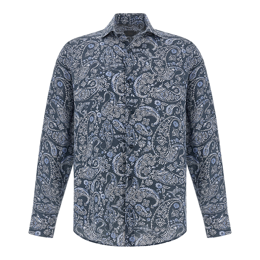 Paul & Shark Men's Blue Paisley Light Blue White Linen Shirt With Shark Paisley Pattern, Man, Size: 042
