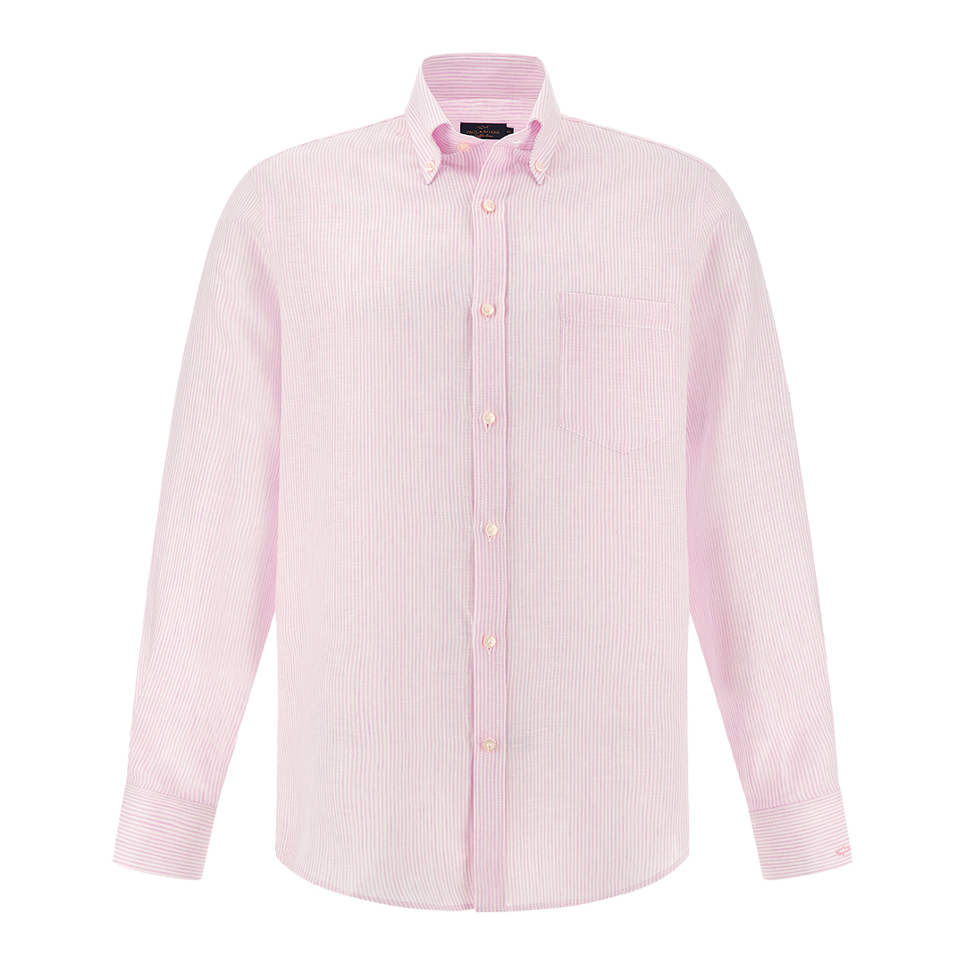 Paul & Shark Men's Rows White Pink Soffio Linen Shirt With Striped Pattern, Man, Size: 041