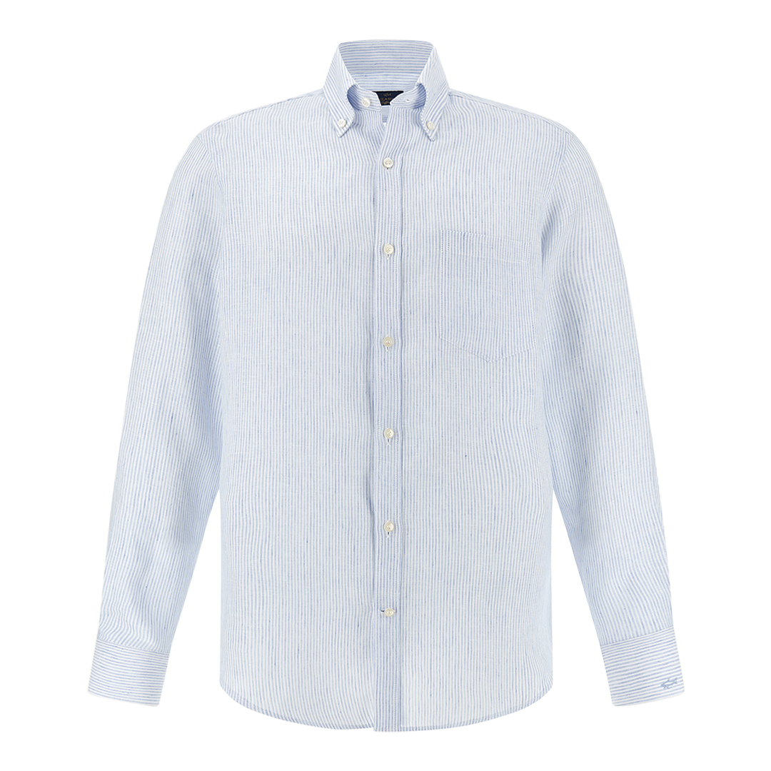 Paul & Shark Men's Rows White Light Blue Soffio Linen Shirt With Striped Pattern, Man, Size: 043
