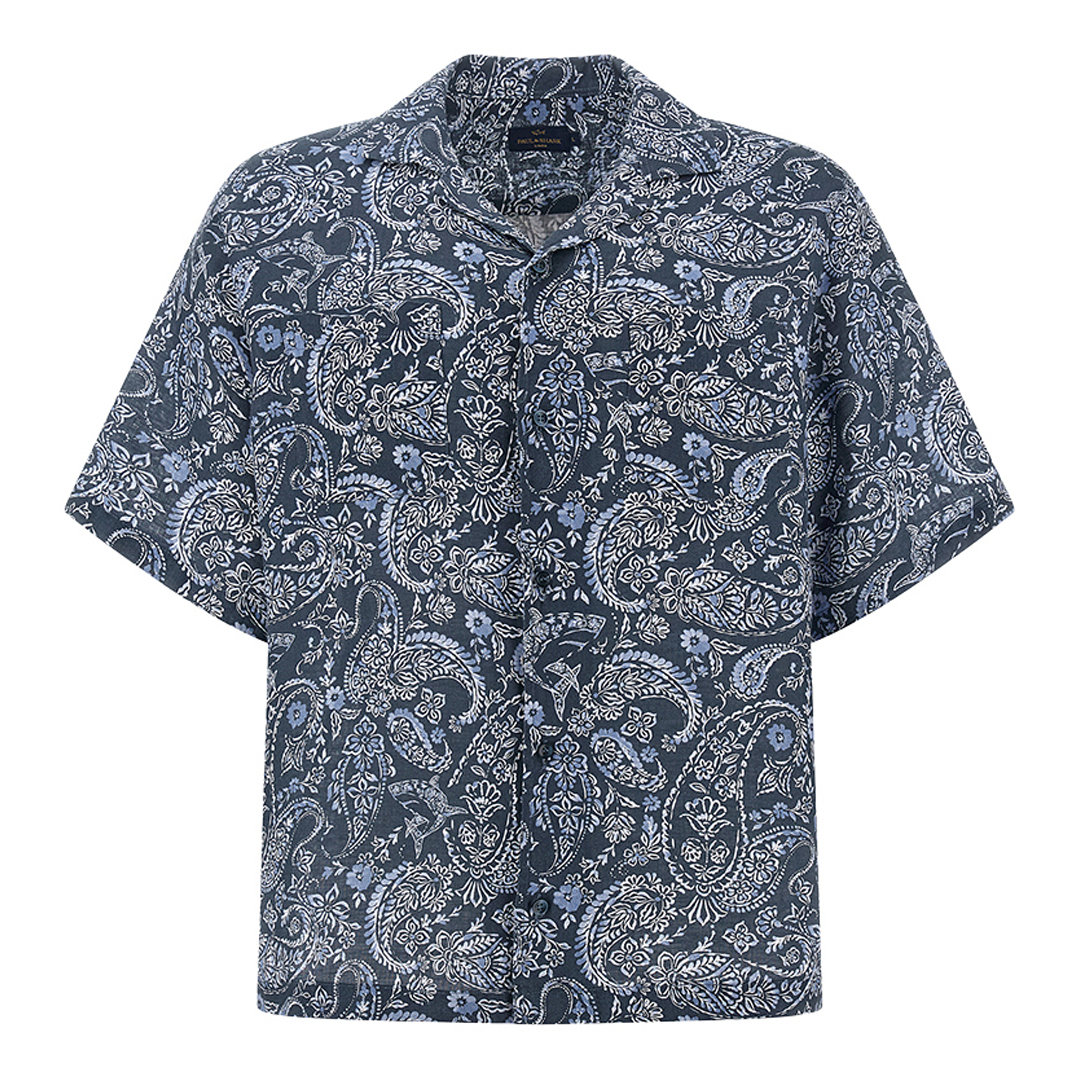 Paul & Shark Men's Blue Paisley Light Blue White Linen Shirt With Shark Paisley Pattern, Man, Size: Xxl