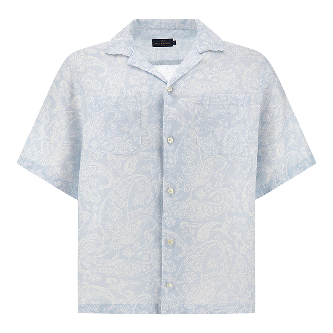 Paul & Shark Men's Light Blue Paisley White Linen Shirt With Shark Paisley Pattern, Man, Size: Xxl