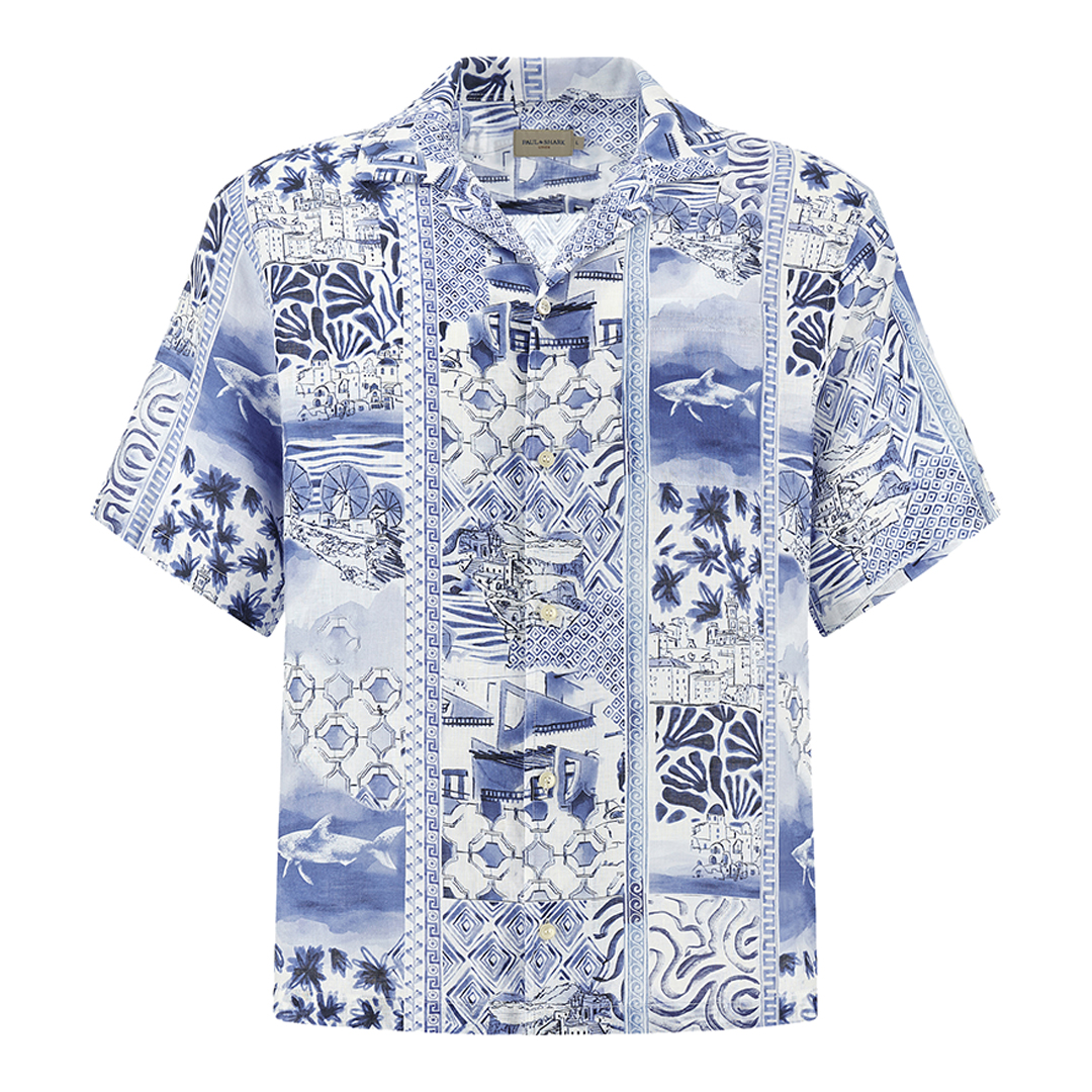 Camicia in lino con stampa Greece Voyage, Uomo, STAMPA MEDITERRANEA, Taglia: L