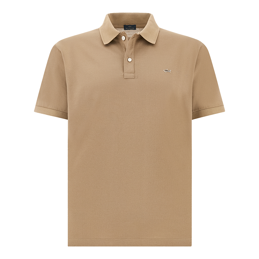 Paul & Shark Men's Vintage Khaki Double Piqué Cotton Polo Shirt With Shark Embroidery, Man, Size: M