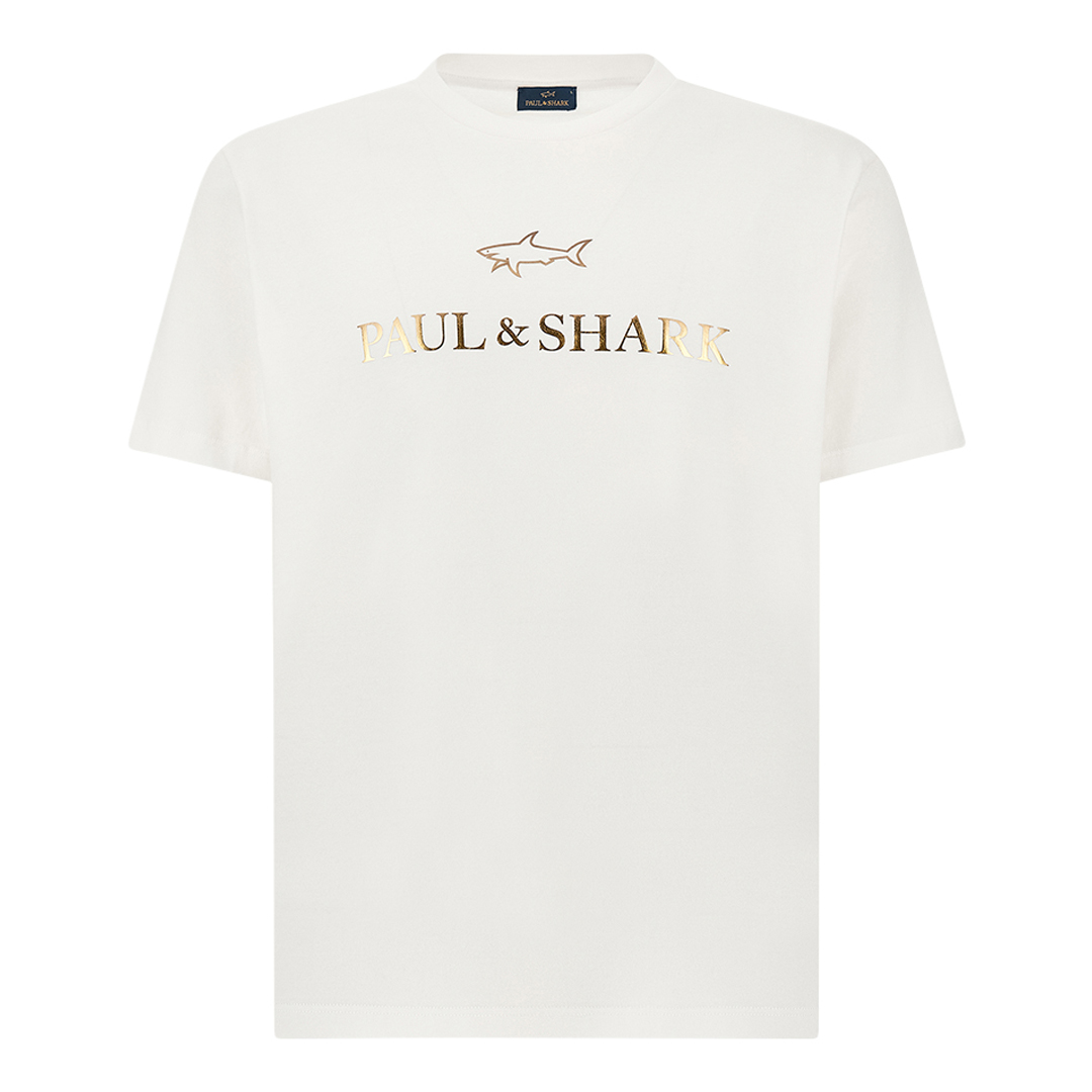 T-shirt in cotone Light Jersey con stampa, Uomo, BIANCO-ORO, Taglia: 3XL