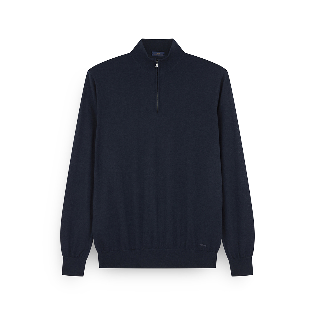 Maglia mezza-zip in lana Merino Ultrafine con ricamo Shark, Uomo, BLU, Taglia: XS