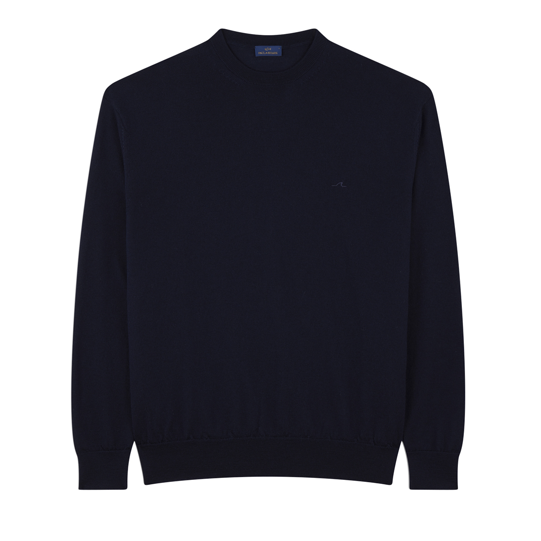 Paul & Shark Men's Dama Blue Soft Cool Touch Wool Crewneck Sweater With Shark Fin Embroidery, Man, Size: 6XL