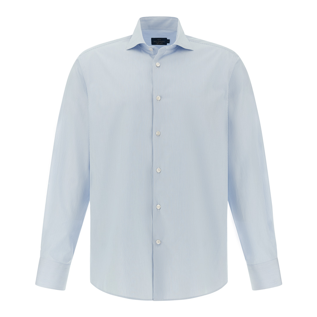 Paul & Shark Men's Stripes White Light Blue Cotton Poplin Shirt Soffio, Man, Size: 045